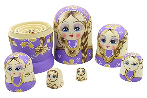 Set von 7 Zopf Mädchen Stapeln Spielzeug Russischen Puppe Handgefertigt Spielzeug aus Holz für Kinder Kinderzimmer Decor (Lila)