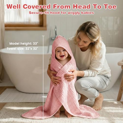 Image of Hooded Baby Bath Towels for Newborn, 2 Pack - 6-Layer 100% Muslin Cotton, Soft Absorbent Baby Towels with Hood for Babies, Infants & Toddlers, Large 32x32 Inch Unisex Newborn Baby Bath Essentials