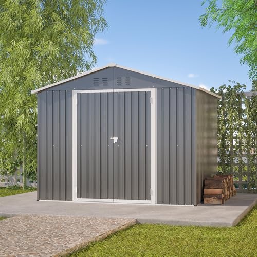 ECLIVON Cobertizo de Jardín Exterior 229,4x191x180cm, Metálico Caseta de Jardín con Puerta y Ventilación, Cobertizo de Almacenamiento con Techo, Caseta Metal para Herramientas Terraza Patio (Gris)