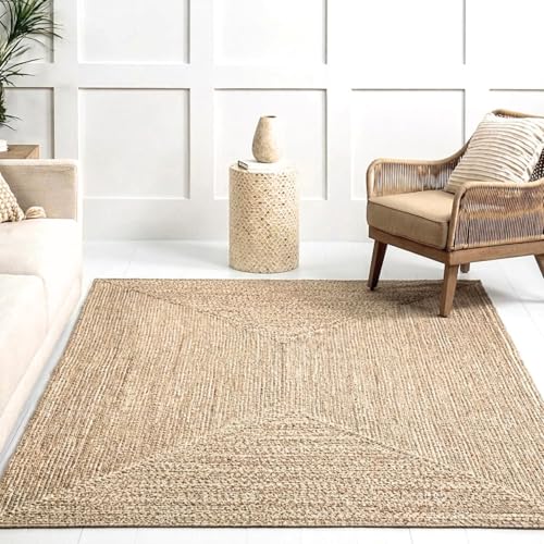 Image of Size 4x7 feet Cotton Braided Entryway RugLow Pile Geometric Area Rug for Living Room, Large Kitchen, Bedroom, Office - (Beige Rectangular, 4x7 feet)