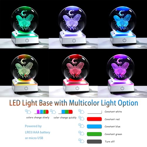 Image of 3D Crystal Butterfly Ball Gifts for Women, Gifts Ideas for Wife Mom Girlfriend Couple Her, Butterfly with Star Moon in Crystal Ball 3.15in with Colorful LED Light Base Home Office Decor