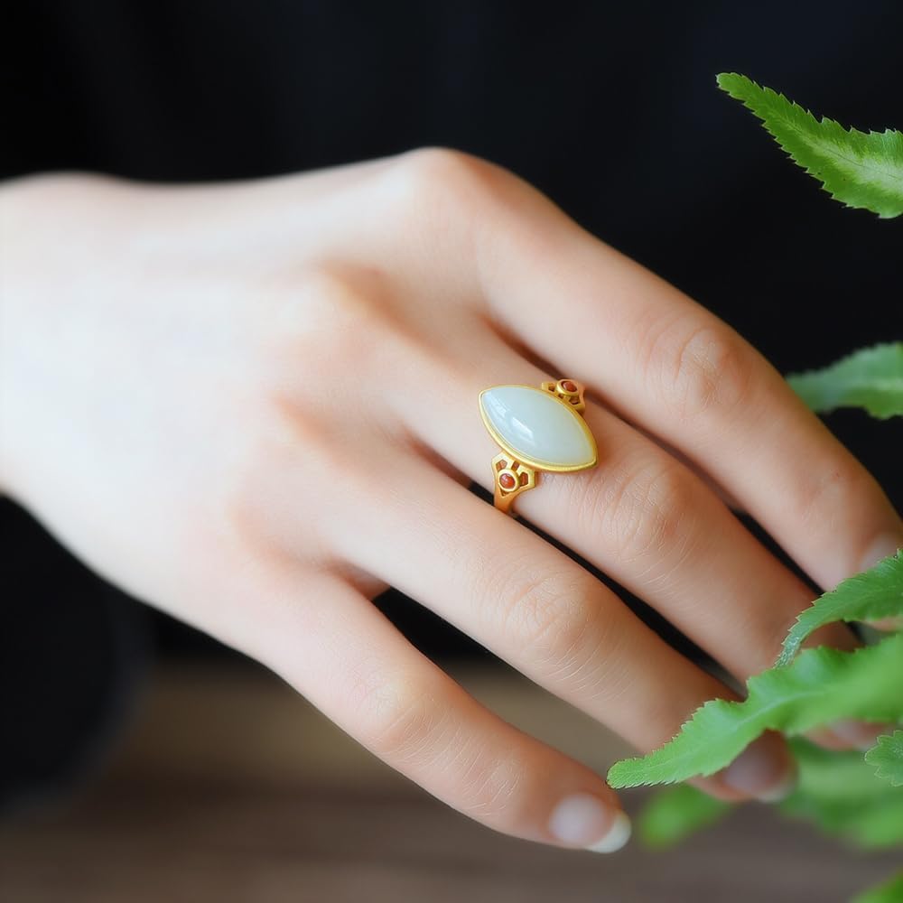 S925 Silver-Inlaid Natural White Jade Horse Eye Ring Opening Adjustable Including Certificate