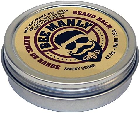 Bee Manly Honey House Naturals Beard Balm - Smoky Cedar Scent – 1.5 ounce Round Travel Size Tin – All Natural Ultra Moisturizing Beard Balm Infused with Essential Oils and Butters