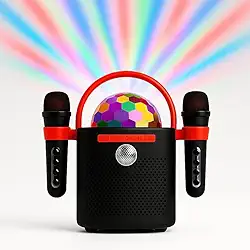 Karaokê Portátil Retrô com Efeitos de Luz de Balada, Festa, Caixa de Som Bluetooth com Microfone e Globo de Luz LED - Entrada Auxiliar, Cartão SD e 10W de Potência – À Prova d’Água IPX6 (Preta)
