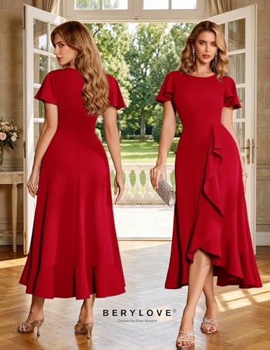 Image of BeryLove Women Formal Party Dress Flutter Short Sleeve Wedding Cocktail Long Evening Dress