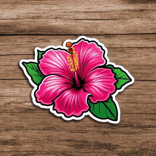 Image of Pink Hibiscus Flower Sticker Tropical Floral Aesthetic Vinyl Decal Waterproof 5 Inch Cute Summer Flower Sticker for Laptop Water Bottle Car Bumper Botanical Gift