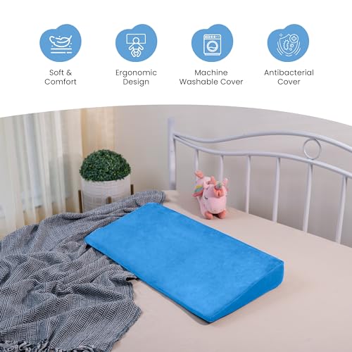 Image of Cherilo Full Size Elevated Wedge Pillow for Baby Crib & Mattress, Helps to Elevate Baby for Acid Reflux, Colic, GERD, Heat Burn & Vomiting | 28 inch x 14 inch x 3.5 inch | - With Removable Velvet Cover - Sky Blue