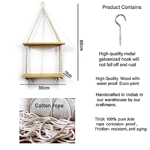 Image of VAH- Kya Bat Hai !! Macrame Wall Hanging, Real Pine Wood Storage Shelves Wall Shelf (2 Layer)