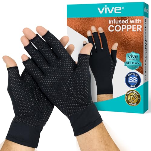 Vive Copper Infused Fingerless Arthritis Compression Gloves (Pair) - Relief for Men, Women, Rheumatoid, Swelling, Carpal Tunnel, Tendonitis, Edema, Hand & Finger Pain - Comfortable Non-Slip (Medium)