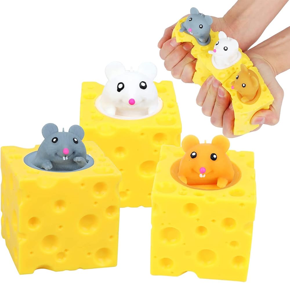 Squeeze Fidget Toys, 3PCS Decompression Cheese Squirrel Cup Sensory Fidget Toy Funny Rubber Squishes Toy Stress Relief Toy, Weird Play Gift for Friends Adults -Random Pattern