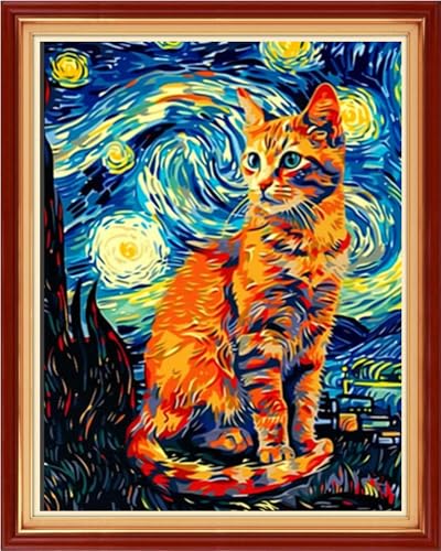 Image of Foxdiviy Stamped Cross Stitch Kits for Beginners Full Range of Cross Stitching 11 CT Printed Cross Stitch Kits for Adults Cross Stitch Patterns Needlepoint Kits-Van Gogh Starry Cat 16x20 inch