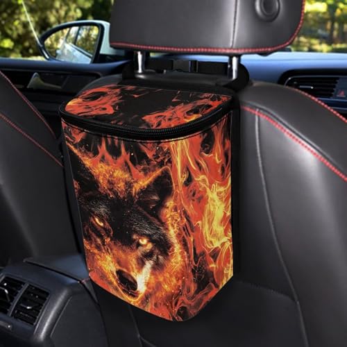 Image of Talayituse Wolf Fire Print Car Trash Can with Lid, Leak Proof Auto Trash Bag Hanging Vehicle Garbage Can Multipurpose Storage Container for Back Seat Road Trip