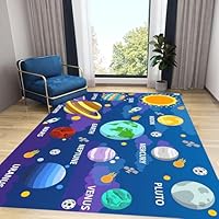 LHOMKCV Solar System Area Rugs, 60x90cm, Cartoon Planets Stars Rockets Educational Space Themed Playmat, Indoor Lightweight Low Pile Foldable Kids Rug for Bedside Living Room