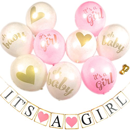 It's A Girl Baby Shower Party Decorations Pre-Strung Burlap Banner & 12PC Balloons w/Ribbon [Rose Gold Confetti, Rose Pink, Tan] Kit Set Supplies Bundle (It's A Girl - Pink)