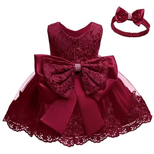 Newborn Baby Girls Formal Dress Infant Birthday Party Lace Frocks Easter Dresses With Headwear (Burgundy 8348,3M) #TOP6