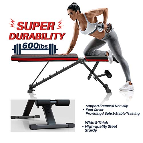 WEMARS Adjustable Weight Bench, Foldable Utility Workout Bench for Home Gym, Incline Decline Strength Training Benches for Full Body Workout with 2 Resistance Bands