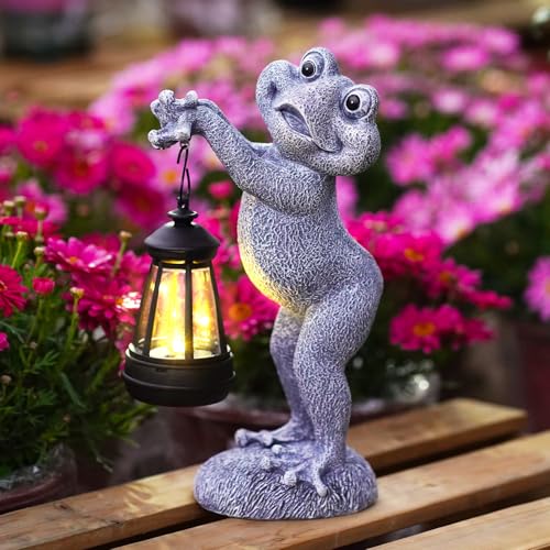 Goodeco Solar Froschstatue mit Laternen – Graue Handgefertigte Außendeko aus Resin, Stark Wasserdicht für Garten, Balkon & Terrasse, Naturnahe Geschenkidee für Mama & Oma