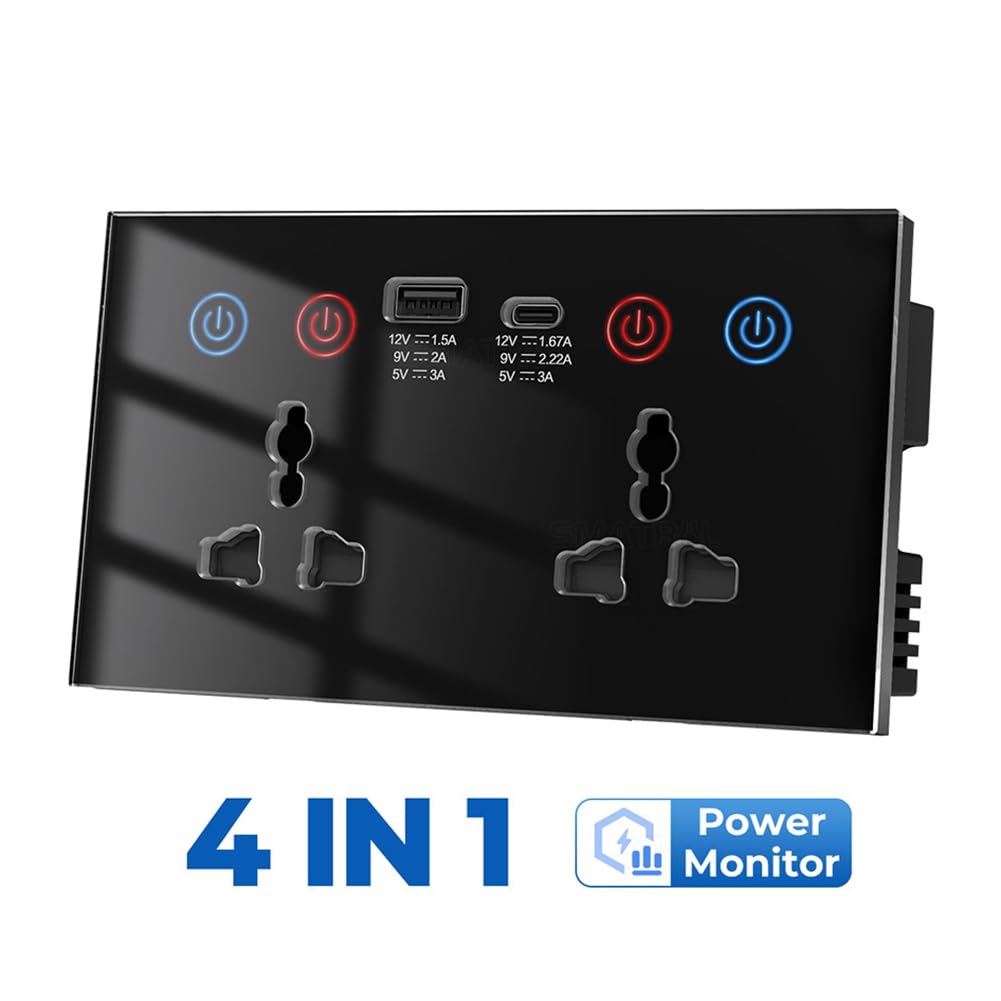 Enchufe Inteligente Tuya Wi-Fi con USB Tipo C, Enchufe de Pared Universal 4 en 1, Monitor de Energía e Interruptor Táctil.