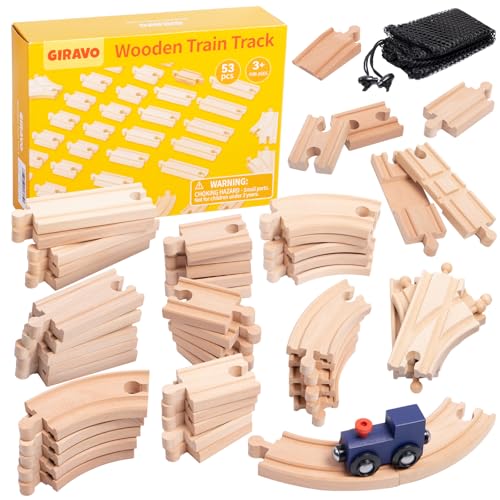 Image of Wooden Train Track Set 53pcs, Wood Train Tracks Accessories Expansion Pack fits Melissa and Doug, fits Brio, fits Thomas, Montessori Toys, Birthday Gift for Boys Girls Toddler Kids (Train Track)