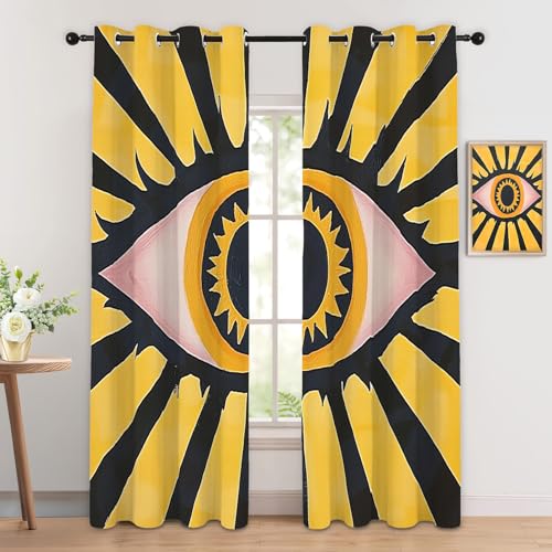 Image of Luxfieo Evil Eye Blackout Curtains for Living Room Bedroom - 108 Inch Drop Curtains 90x108, Yellow and Black Modern Abstract Patterned Window Treatments, Thermal Eyelet Drapes 2 Panels
