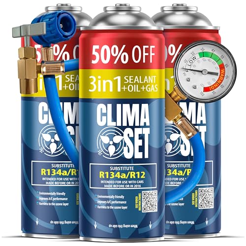 ClimaSet - 3 x recharge 3 en 1 pour climatisation r134a, huile, produit anti-fuites XL et 1 x tuyau - Kit de Recharge de Gaz pour Climatisation pour Automobile...