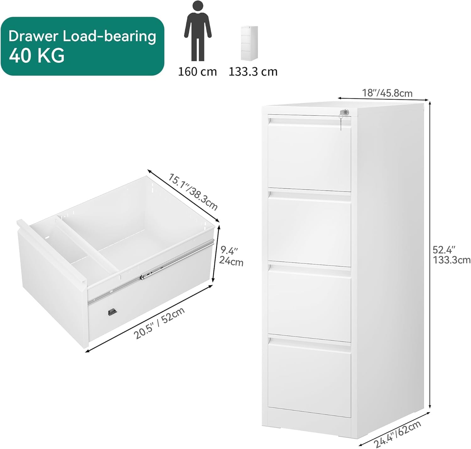 YITAHOME Aktenschrank mit 4 Abschließbaren Schubladen, Kippsicherer Rollender Aktenschrank mit Rädern für das Büro zu Hause, Unter-Pult-Aktenschränke, weiß, 62 x 45.8 x 133cm