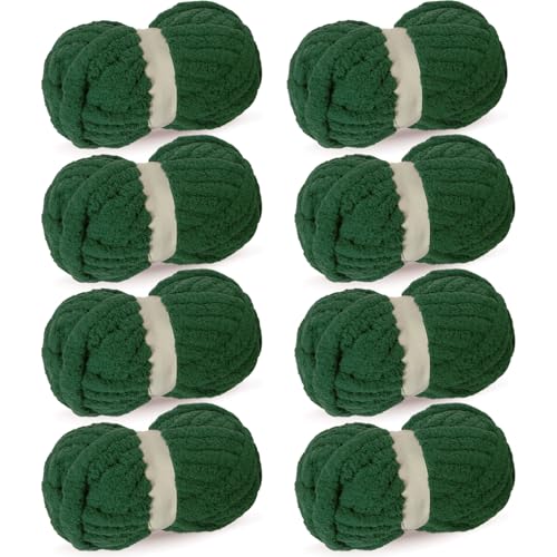 CAHOVY Dark Green Chunky Chenille Yarn for Crocheting/Knitting Super Bulky Hand Blanket Soft Plush Yarn for Carpet/Scarf/Cushion 8 Jumbo Pack (63.76oz/197.68yd)
