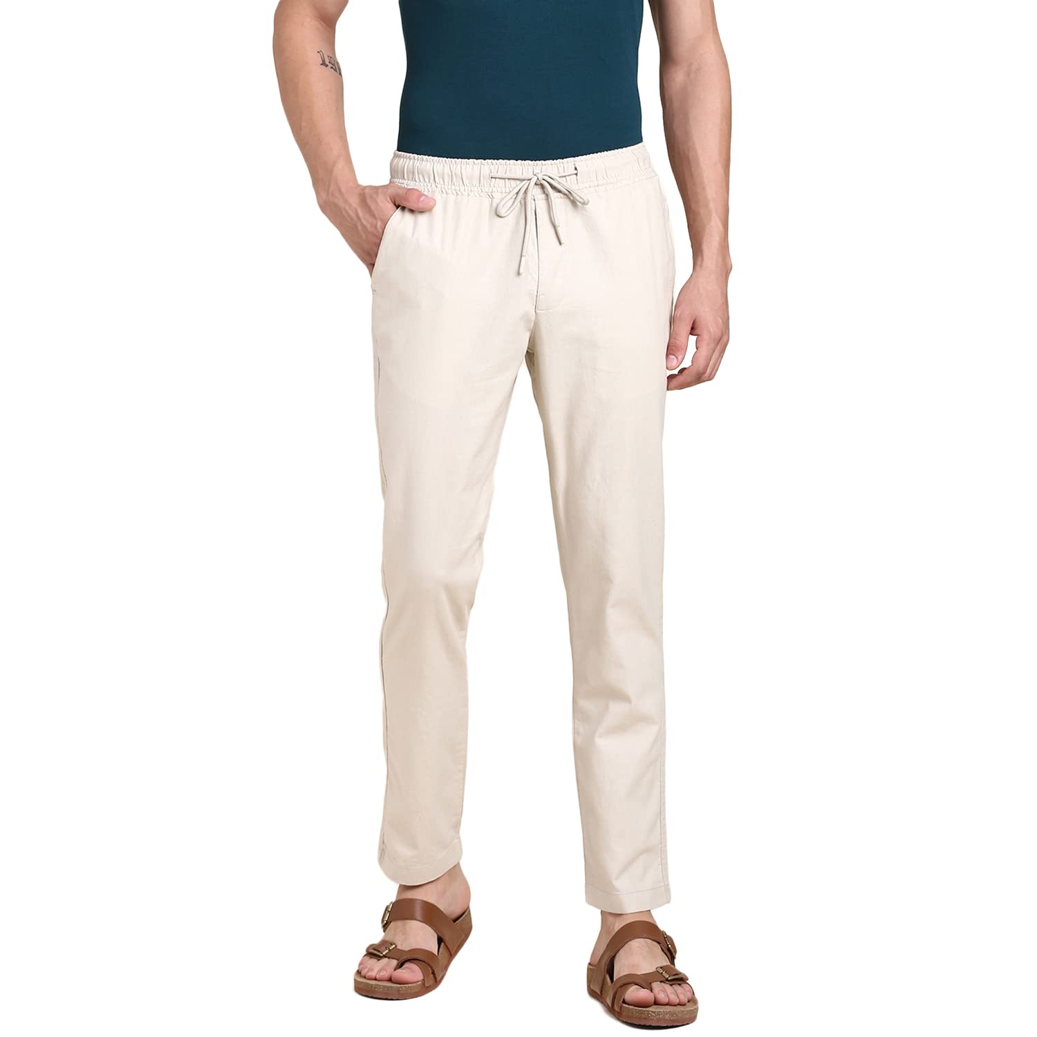 Dennis Lingo Men Mid Rise Linen Trouser (Slim Fit) in neutral