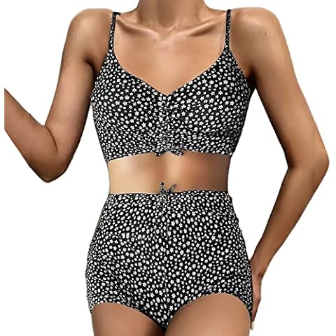 Bikini Piece Two Summer Sexy Floral Swimwear Swimsuit Fashion Women Print Swimwears Tankinis Set Swimming Costume with Skirt (Black, S) Cover