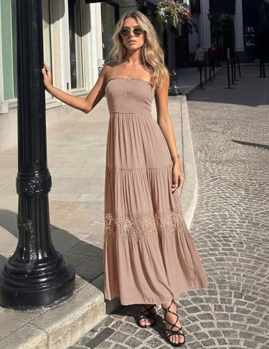 Image of ZESICA Women's 2026 Summer Boho Maxi Dresses Strapless Off Shoulder Lace Flowy A Line Beach Vacation Long Sundress