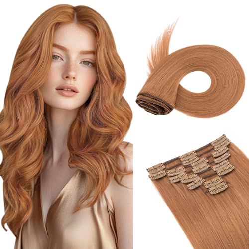 Image of Benehair Clip on Hair Extensions Real Human Hair Auburn Hair Extensions Clip in Human Hair Long Straight Remy Natural Full Head 8pcs Real Hair for Women 18inch #30 Light Auburn