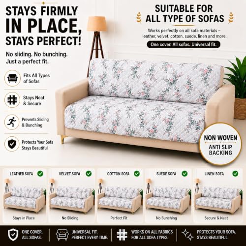 Image of Homerz Premium Printed Quilted Velvet Sofa Slip Cover Protector with Tassels, Sofa Mat, Exact Size, Antislip Cover (Grey Autumn, 2 Seater, Full)