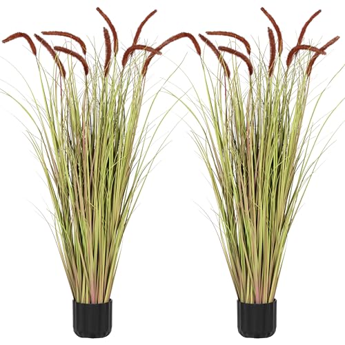 Sunnyglade 4 FT 2 Pack Artificial Horsetail Reed Grass Fake Topiary Plant Tree in Pot Cement Filled Pot Faux Flower Plants Housewarming Gift Potted Bushes for Home Indoor Outdoor Office Decor