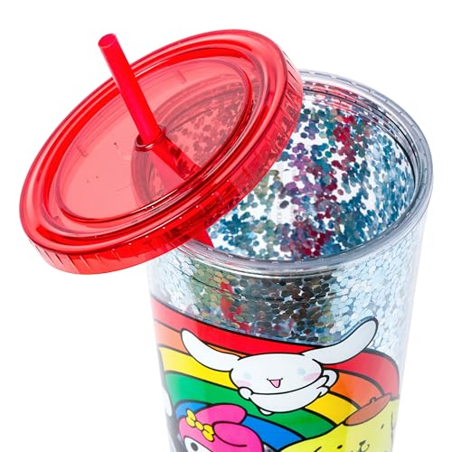 Image of Silver Buffalo Sanrio Hello Kitty and Friends, Plastic Cold Cup, 32oz | Cinnamoroll, Badtz-Maru, My Melody, Tuxedo Sam, Chococat Confetti, Lid, Straw, Pompompurin, Rainbow, 0.95 Liters