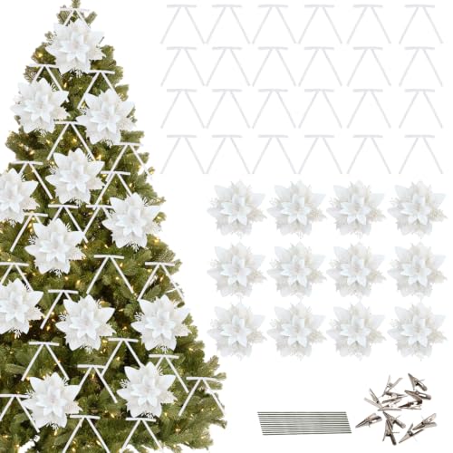 GREENTIME 36Pcs 5.5" White Poinsettia Artificial Flowers & 6.7" Velvet Bows