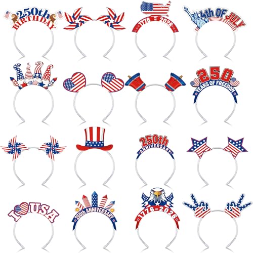 Blosssound 16 Pcs 250th Anniversary USA Headband 250th USA Patriotic Party Favor Gift Paper Head Bopper Independence Day Headwear Dress up 4th of July Party Costume Accessories Photo Prop Decor Supply