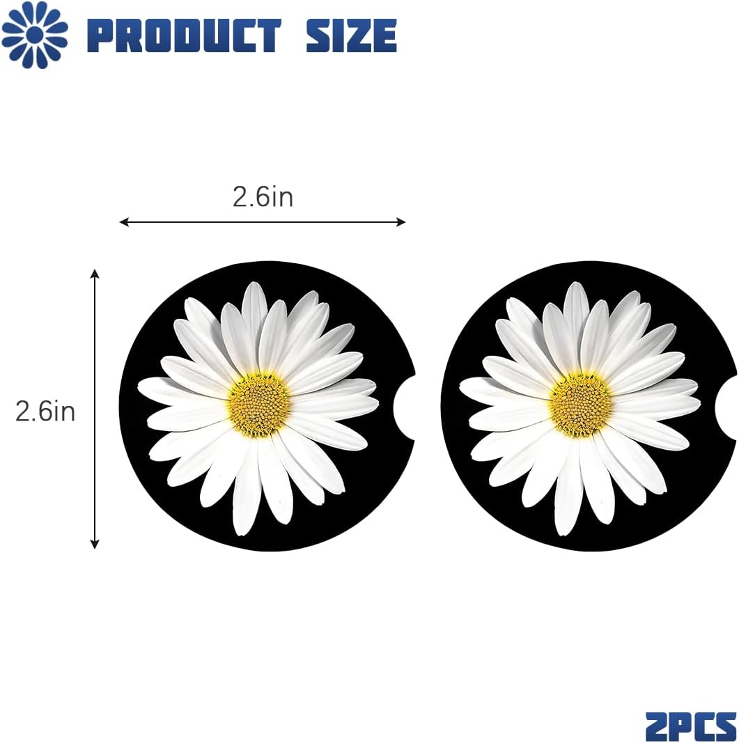 Bittwee Daisy Car Cup Holder Coaster, 2PCS Absorbent Ceramic Cute Vehicle Insert Coasters with Finger Notch, Non-Slip Automotive Decorative Cup Mat, Universal for SUV RV Truck image 2