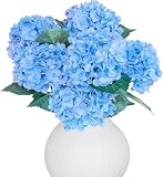 LA.PONEE 6PCS Premium Blue Silk Hydrangea Artificial Flowers Bouquets - Realistic Fake Hydrangea with Stems, Faux Flower Arrangement for Home Wedding Party Baby Shower Table Centerpieces Decoration
