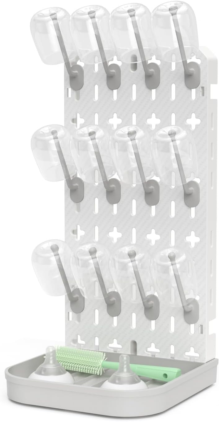 Baby Bottle Drying Rack Baby Bottle Holder Space Saving Bottle Dryer Rack Station Countertop Storage Organizer 12 Travel Bottle Drying Rack Vertical Breast Pump Part Plastic Bag Cup Dryer Tower Grey