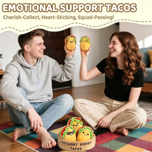 Image of Emotional Support Taco Plush, Funny Cute Cuddly Plushies and Toys, Inspirational Motivational Encouragement Gift for Women Men, Includes 5 Soft Emotional Support Plushies Food with Carry Basket