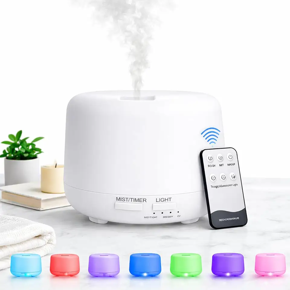 Aromatizador Umidificador Difusor de Ar Ultrassônico 300ml Com Controle Remoto LED 7 Cores para Aromaterapia e Ambientes