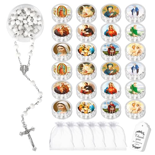 24 Pcs Scented Catholic Rosaries Bulk Wood Bead Crucifix Pendant Rosary Necklace for Baptism First Communion Favors, Holy Catholic Regligious Event Prayer Gifts, Stocking Stuffers for Women Men