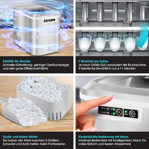 Kesser - Máquina para hacer cubitos de hielo, acero inoxidable, 12 kg/24 h, preparación en 7 minutos, 2,2 litros, 2 tamaños de cubitos, pantalla LED, función de autolimpieza, color plateado miniatura 3