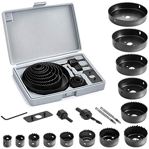 WXTOOLS 19Pcs Hole Saw Kit, Hole Cutter Set in Hard Box With 2 Mandrels, 1 Installation Plate, 1 Hex Key For Smooth and Fast Cutting in Soft Wood, Plastic, Drywall, Fiberboard