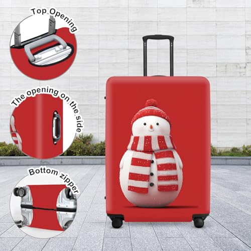 Image of Snowman Christmas Luggage Cover - Red Background with Cute Snowman in Striped Scarf, Simple Stretchable Suitcase Cover 28 30 Inch