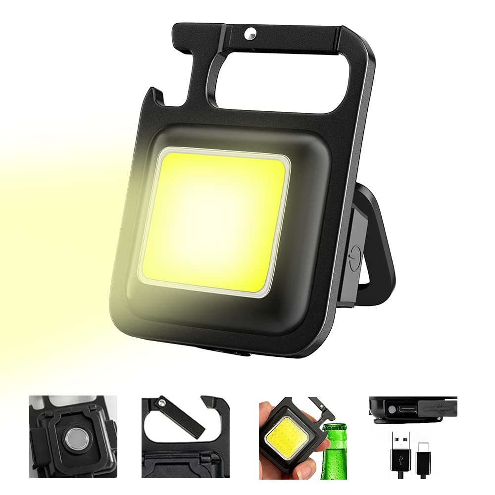 Small Portable Keyring Led Work Light, 500 Lumens COB Work Light, Mini Magnetic Base Inspection Light with Bottle Hook, 3 Light Modes, Rechargeable Led Flashlight for Camping Work Emergency