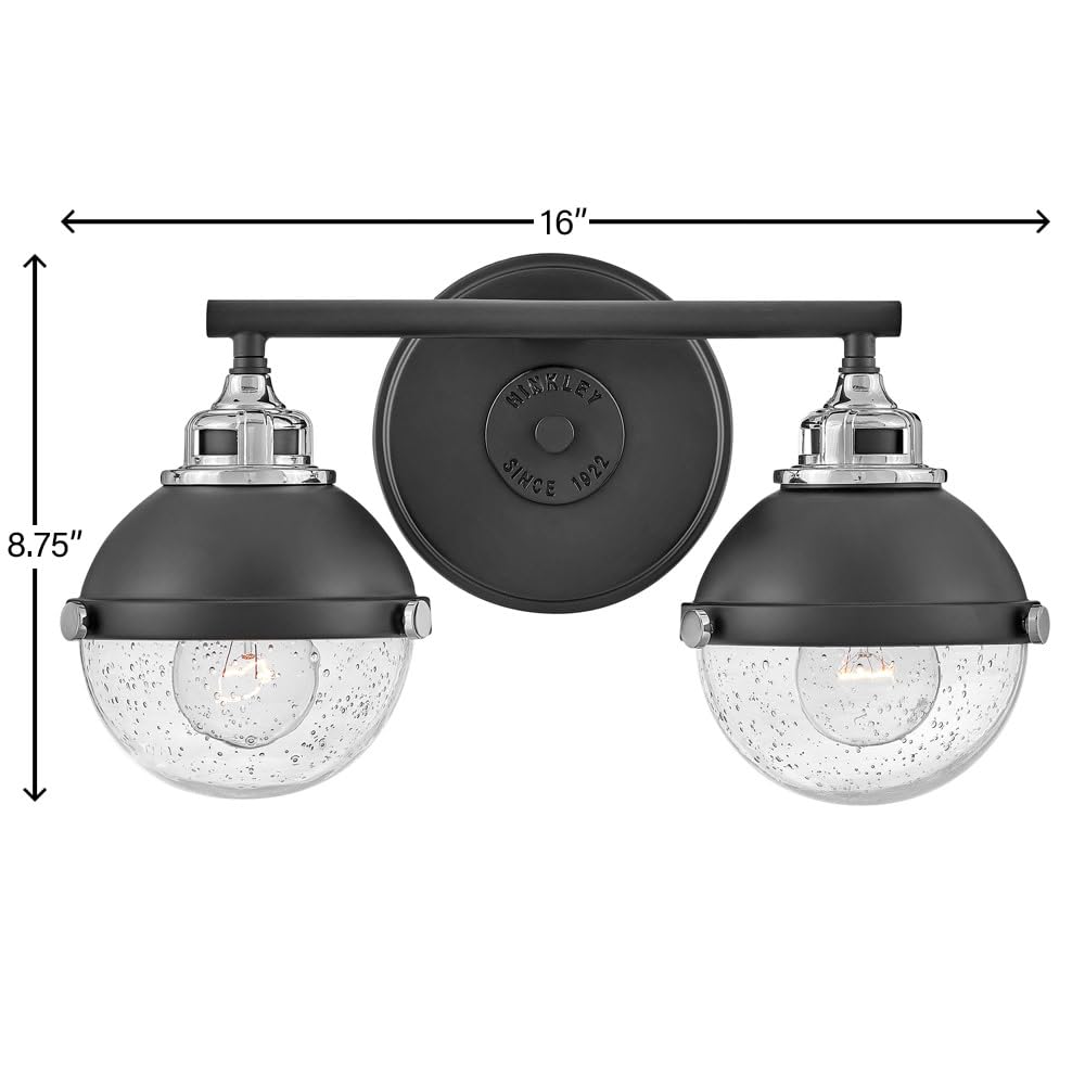 Hinkley Fletcher 5172BK-CM Two-Light Bath Vanity Fixture - Vintage Industrial Fixture, Clear Seedy Glass, Bath and Beyond - Black + Chrome