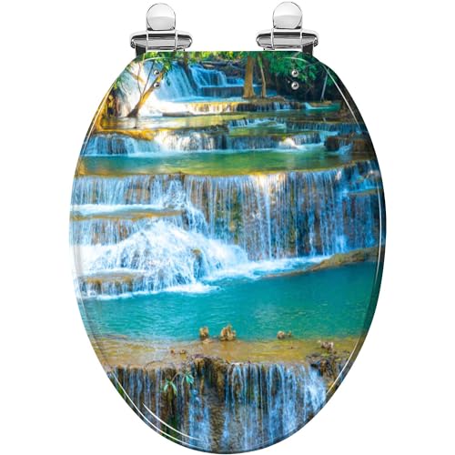 Elongated Toilet Seat Amazing colorful waterfall national park forest during spring Resin Toilet Seat Slow Quiet Close with Quick-Release Hinges Toilet Seat with Cover Easy to Clean Install