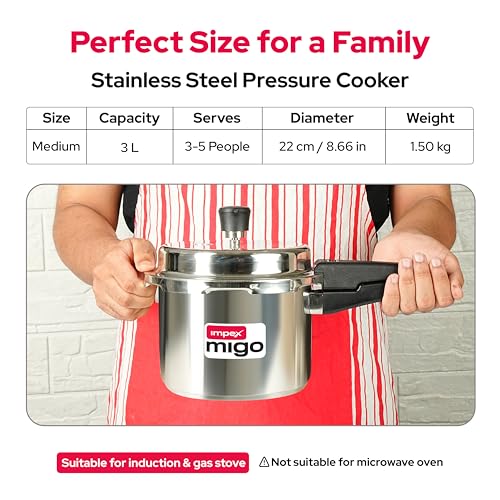 Image of Impex 3 Litre Stainless Steel Pressure Cooker | Outer Lid Induction Base Pressure Cooker | Induction and Gas Stove Competable | ISI Certified | 5 Year Warranty