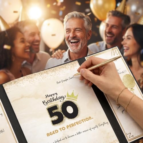 Image of DOUBLESHOOT 50th Birthday Guest Book Alternative Black Gold Party Decorations for Men 12 inchx18 inch - 50 Years Sign in Poster Card Gift - Fifty Party Signature Book Keepsake - Table Centerpiece Decor